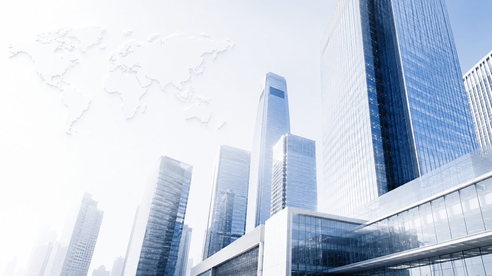 Modern glass office towers under a bright sky with an embossed world map, representing Tekhey global presence
